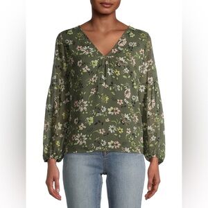 Time and Tru Green Floral V-Neck Blouse Size L (12–14)